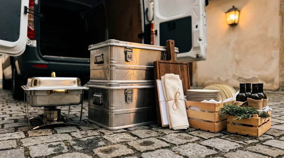 Gepackte Transportkisten, Chafing Dish und Kiste mit Tellern auf Kopfsteinpflaster neben dem offenen Transporter