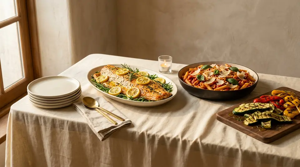 Buffet mit gebratenem Lachs, Penne in Tomatensoße und gegrilltem Gemüse