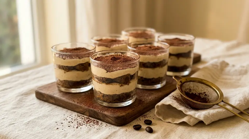 Tiramisù-Portionen im Glas mit Kakao auf einem Holzbrett
