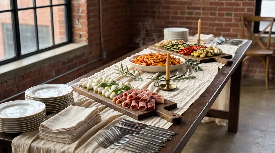 Buffet-Tafel in einer Loft-Halle: Antipasti-Bretter, Pasta und gestapelte Teller vor Backsteinwand
