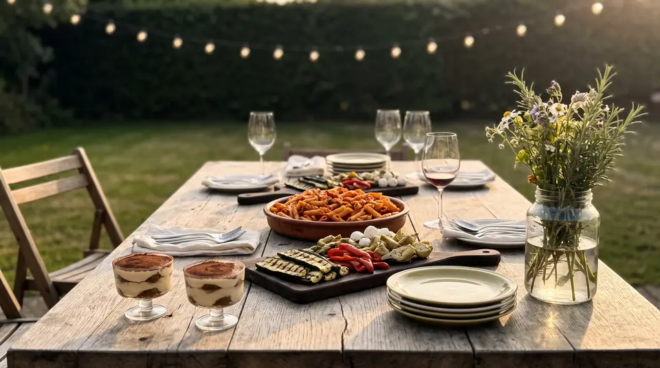 Lange Holztafel im Garten am Sommerabend, Antipasti-Bretter und Pasta unter einer Lichterkette