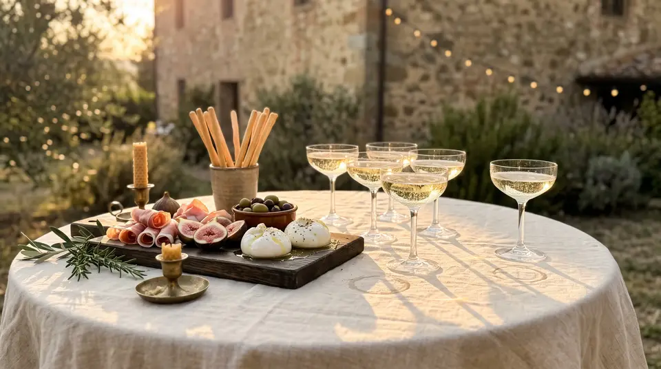 Empfang nach der Trauung: Brett mit Prosciutto, Feigen und Burrata neben gefüllten Sektgläsern im Abendlicht