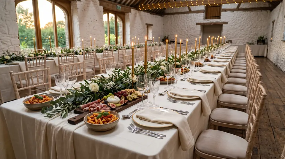 Lange Hochzeitstafel für viele Gäste: Gedecke mit Goldrand, Blumenläufer und brennende Kerzen bis in die Tiefe des Saals