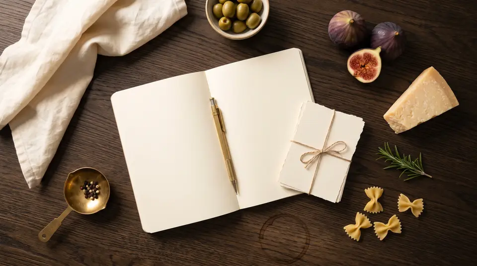 Aufgeschlagenes Notizbuch mit Stift, Kärtchen, Oliven, Feigen und Pasta auf dunklem Holz, von oben