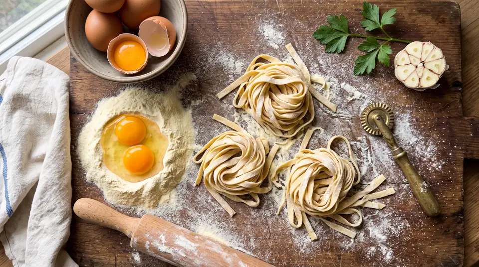 Frisch geschnittene Tagliatelle mit Mehl, Eiern und Teigrad auf dunklem Holz, von oben