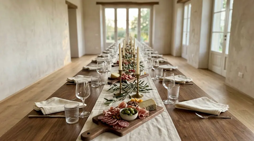 Lange gedeckte Tafel mit Antipasti-Brettern, Gläsern und Kerzen vor hohen Fenstern