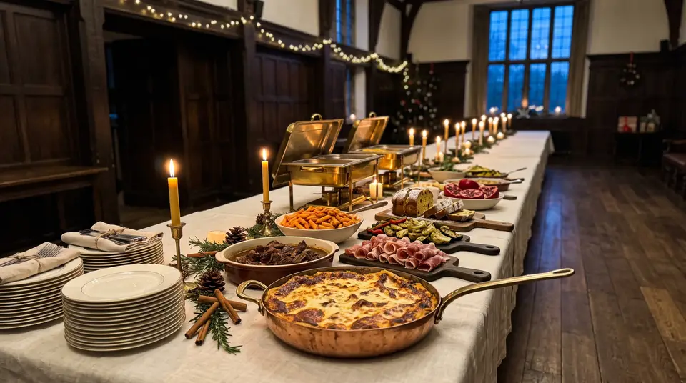 Weihnachtliche Buffet-Tafel bei Kerzenlicht: Lasagne, geschmortes Fleisch, Panettone und Granatapfel